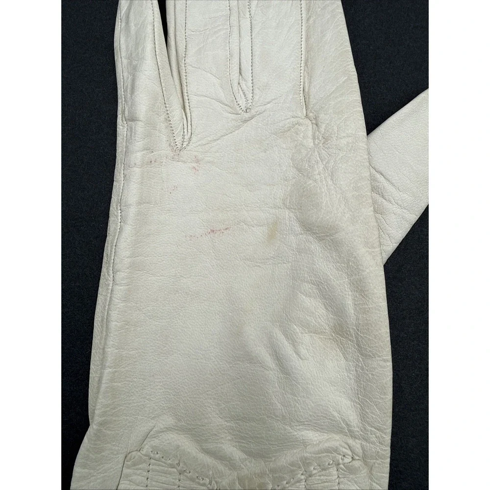 Vtg Lionel Le Grande Kidskin Leather White Wrist W/ Bow Gloves‎ Made In France